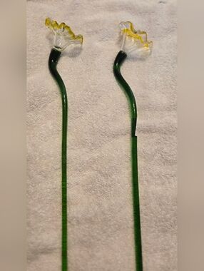 Yellow, Clear, Green Handblown Flowers Vintage Murano-Style Set of 2